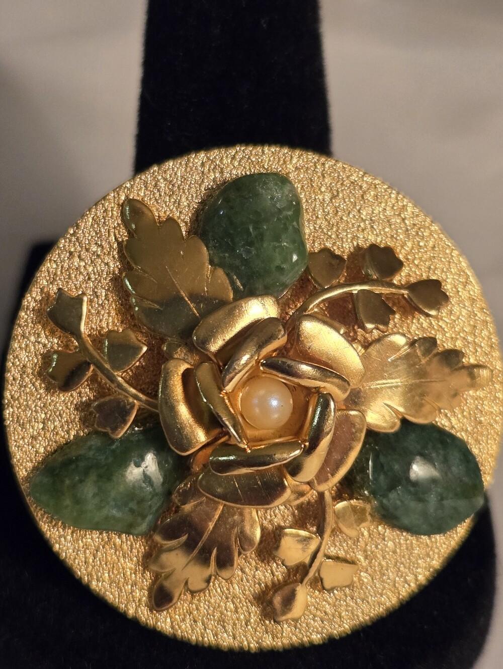 Vintage Gold Tone Floral Brooch Pin with Jade & Pearl Accents • Botanical